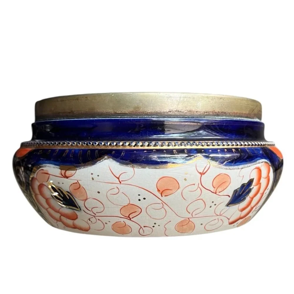 Antique A. Wood & Co Jardinière Bowl‎ Cobalt Floral Gold Brass Rim Crown Mark